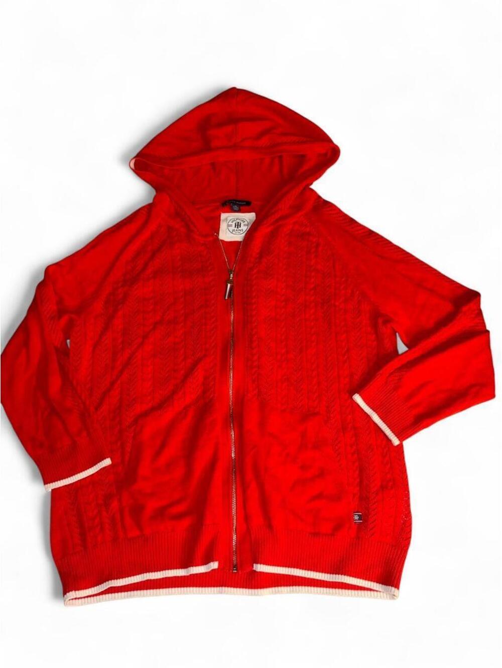 Tommy Jeans Red Cable Knit Full Zip Hoodie Sweater